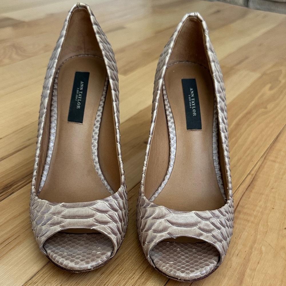 Ann Taylor Snakeskin Peep Toe Heels - Brown